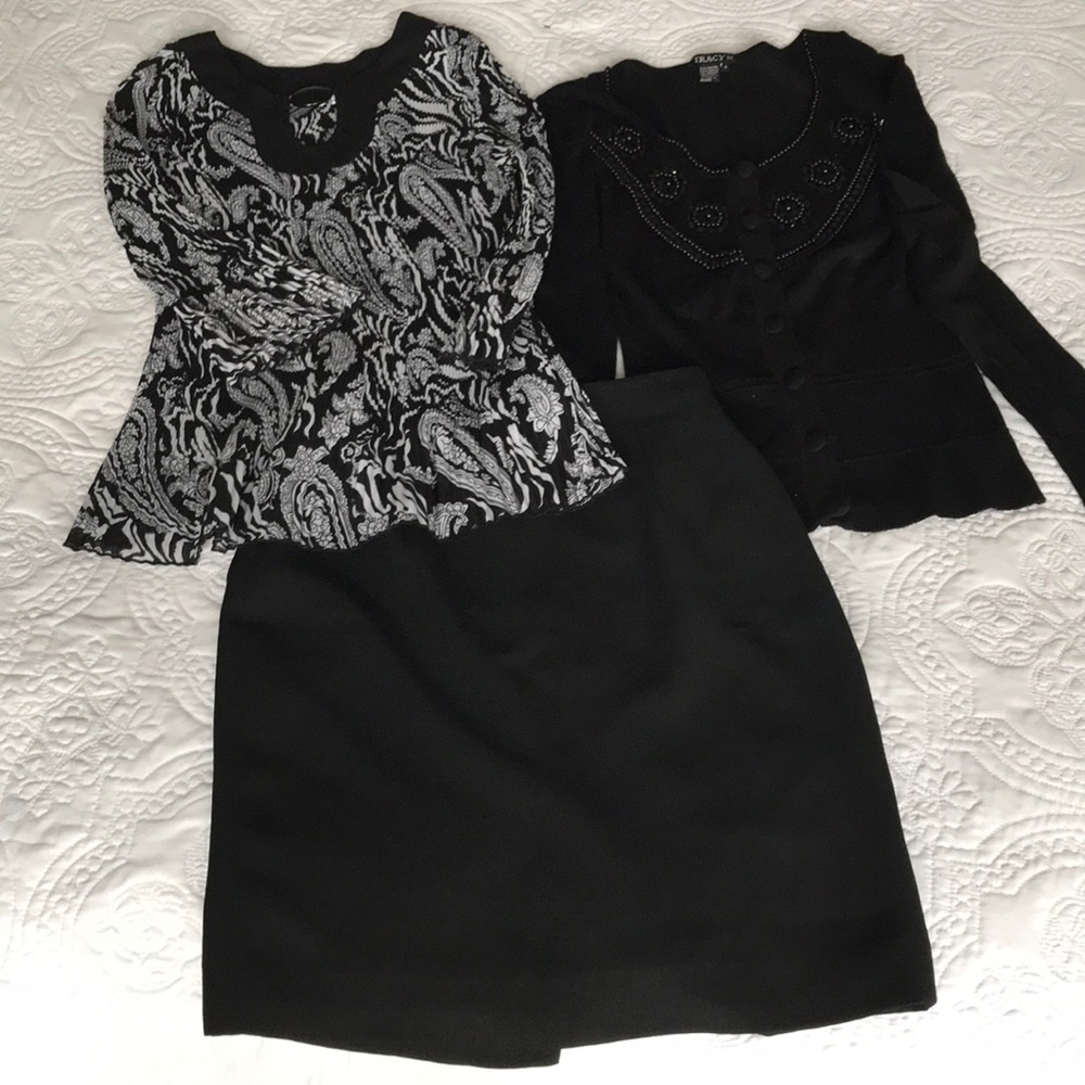 BLACK SKIRT, BLACK /WHITE BLOUSE + BEADED SWEATER